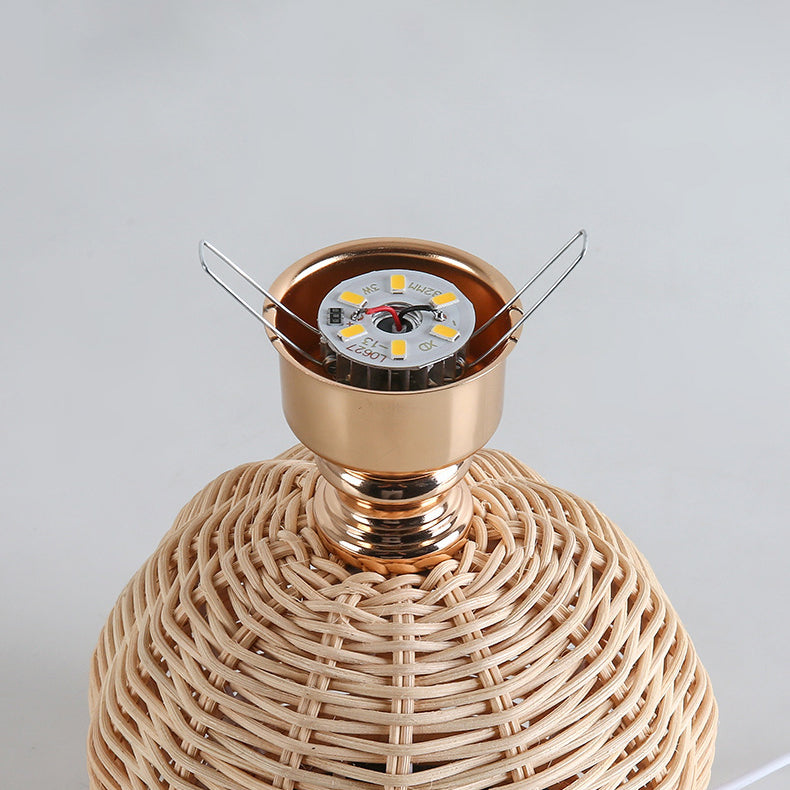 Contemporary Nordic Rattan Fabric Pleated Conic Ball LED Table Lamp For Bedroom Lumendat