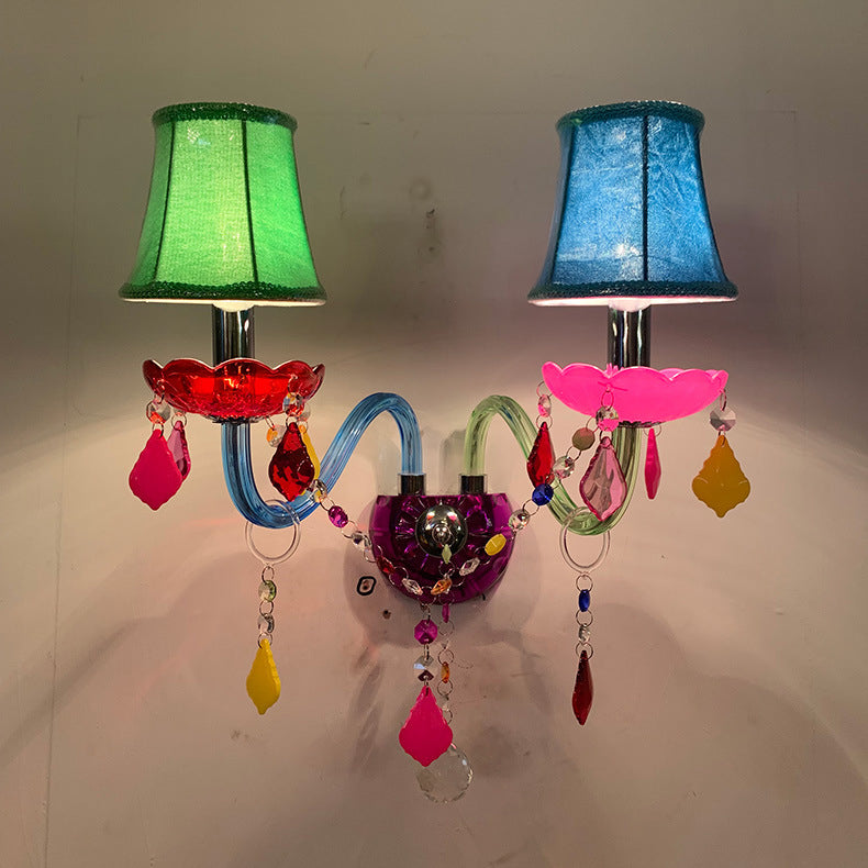 Traditional European Kids Glass Crystal Metal Fabric Candlestick Holder Flower 2-Light Wall Sconce Lamp For Bedside Lumendat