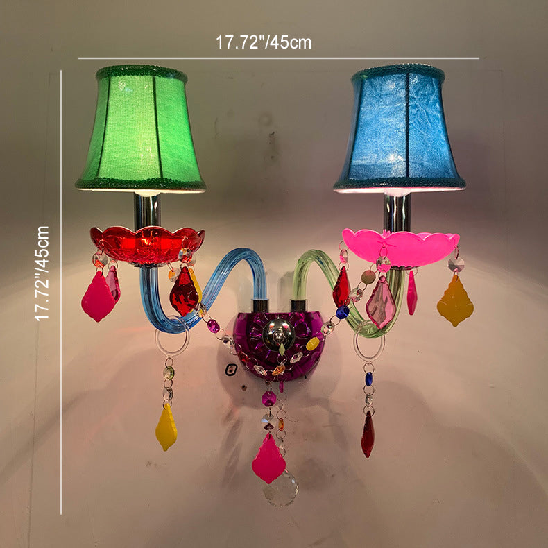Traditional European Kids Glass Crystal Metal Fabric Candlestick Holder Flower 2-Light Wall Sconce Lamp For Bedside Lumendat