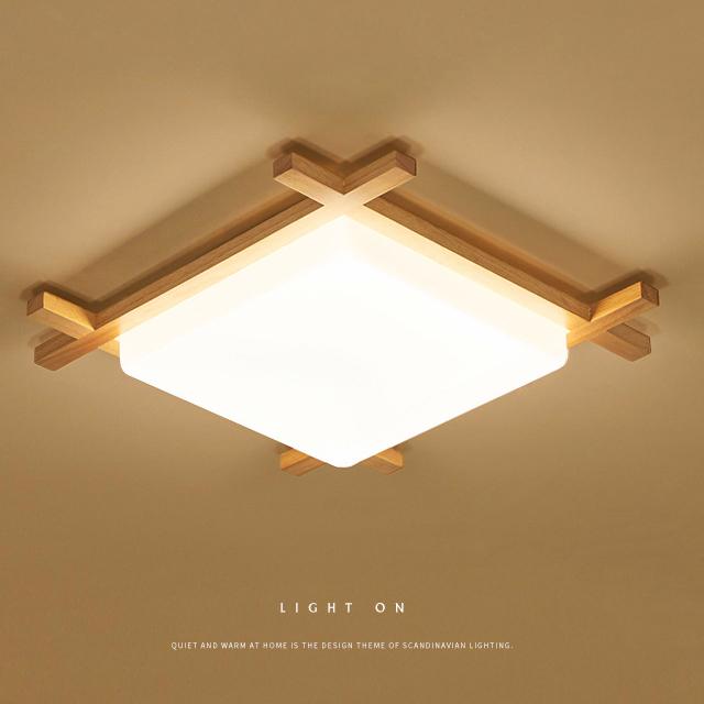 Traditional Japanese Wood Acrylic Square Tatami LED Flush Mount Ceiling Light for Bedroom