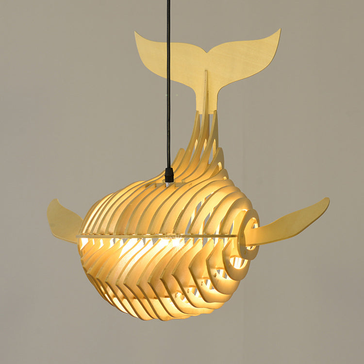 Traditional Chinese Whale Wood 1-light Pendant Light for Dining Room