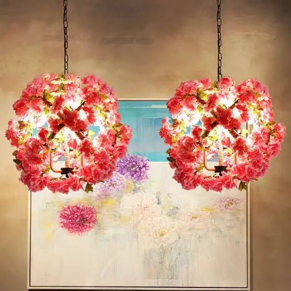Industrial Vintage Simulation of Greenery Cherry Blossoms Iron Hemp Rope 3-light Chandelier Lumendat