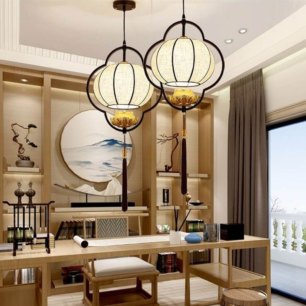Traditional Chinese Luxury Wrought Iron Fabric 1-Light Pendant Light For Living Room Lumendat