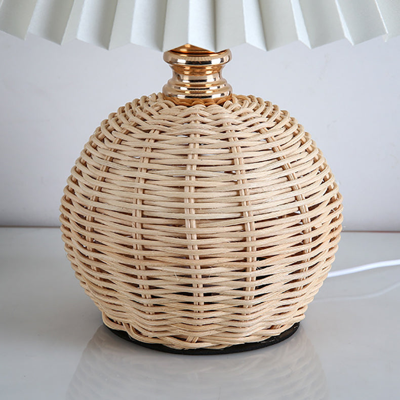 Contemporary Nordic Rattan Fabric Pleated Conic Ball LED Table Lamp For Bedroom Lumendat