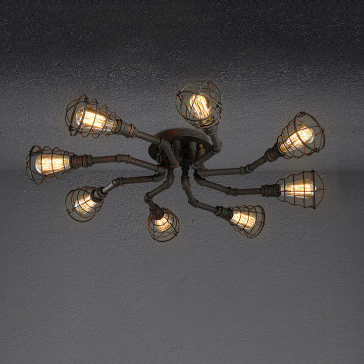 Industrial Vintage Water Pipe Round Iron 4/6/8 Light Flush Mount Ceiling Light BulbSquare