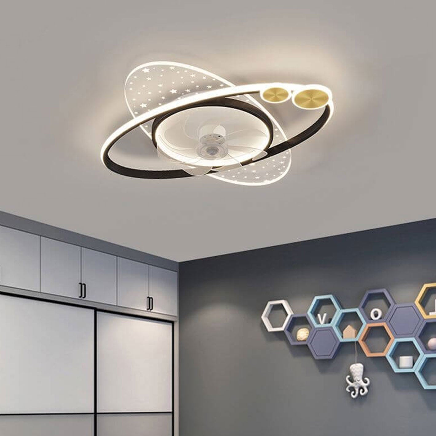 Lumendat Modern Creative Planet Star Effect LED Flush Mount Ceiling Fan Light Lumendat