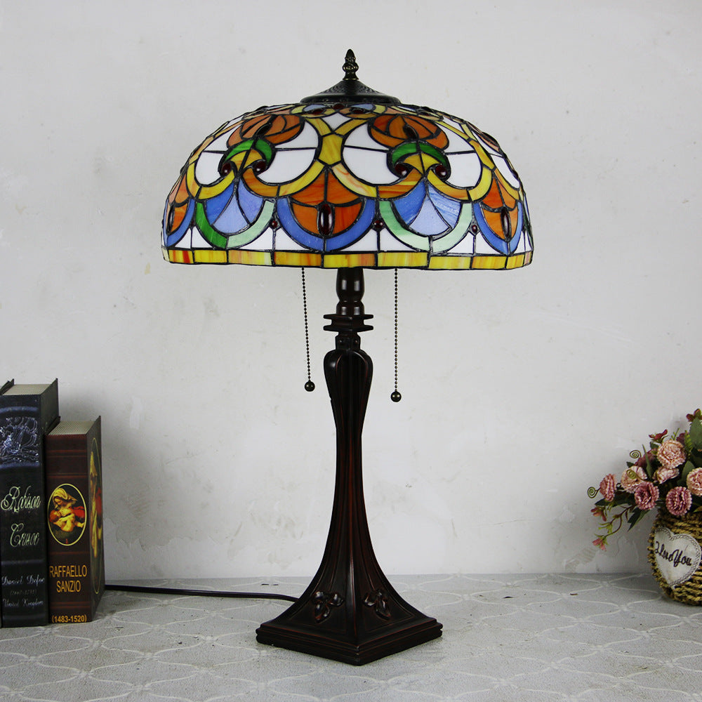 Tiffany Mediterranean Stained Glass Cone Pull Cord 2-Light Table Lamp Lumendat