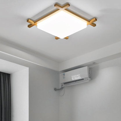 Traditional Japanese Wood Acrylic Square Tatami LED Flush Mount Ceiling Light for Bedroom
