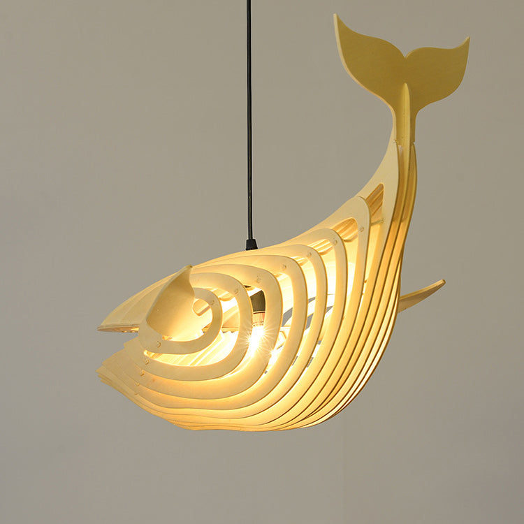 Traditional Chinese Whale Wood 1-light Pendant Light for Dining Room
