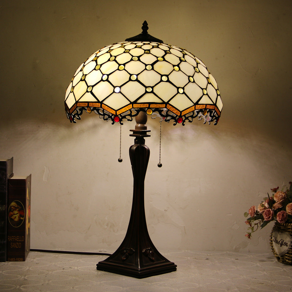 Tiffany Mediterranean Stained Glass Cone Pull Cord 2-Light Table Lamp Lumendat