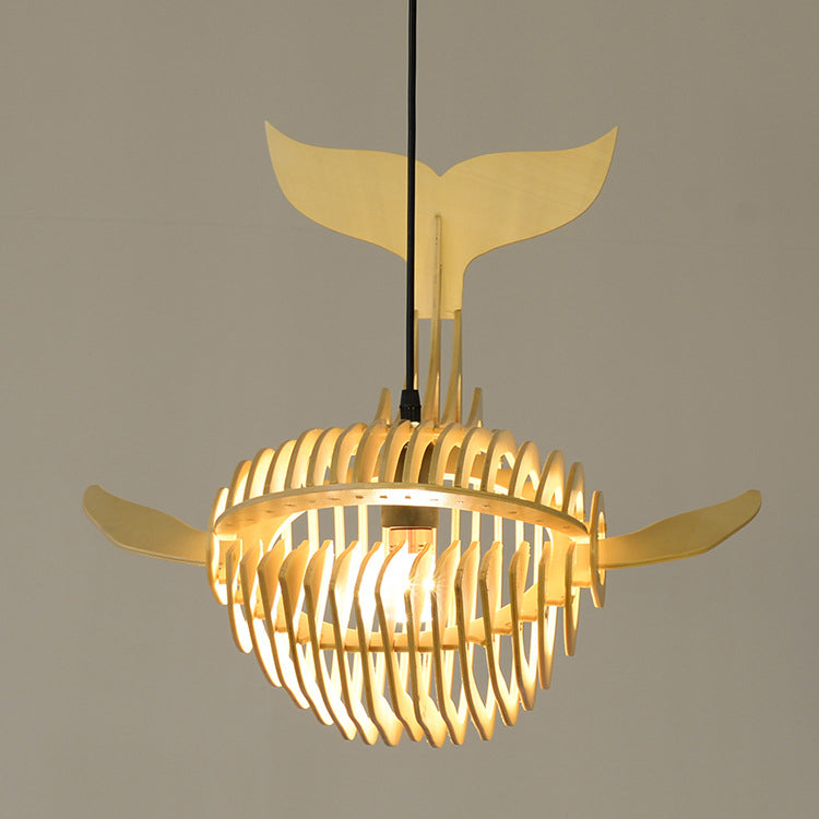 Traditional Chinese Whale Wood 1-light Pendant Light for Dining Room