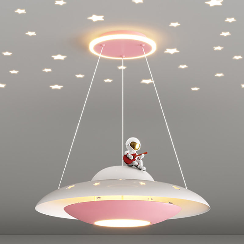 Lumendat Modern Art Deco Kids Iron Acrylic UFO Spaceship Astronaut Round LED Pendant Light For Bedroom Lumendat