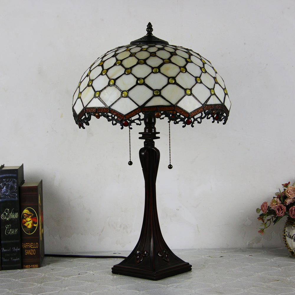 Tiffany Mediterranean Stained Glass Cone Pull Cord 2-Light Table Lamp Lumendat