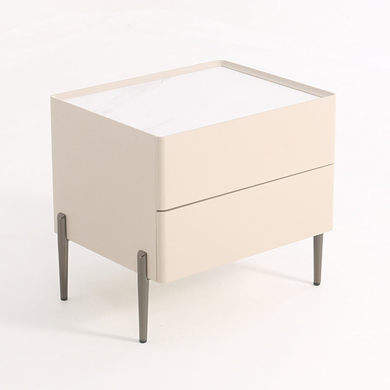 Contemporary Scandinavian Square Cream White 2-Drawer Storage Nightstand - Stone Slab Top Bedside Table For Bedroom Lumendat