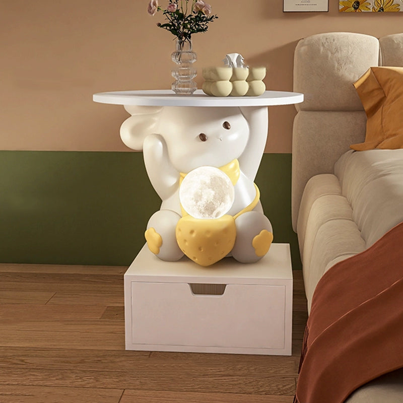 Lumendat Modern Art Deco Kids Rabbit Round Plate Rectangular Drawer Resin Wood Enamel End Table 1-Drawer With LED Light For Bedroom Lumendat