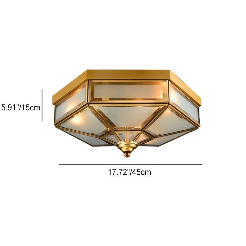 Traditional European Polygonal All Copper Glass 3/4 Light Flush Mount Ceiling Light For Living Room Lumendat