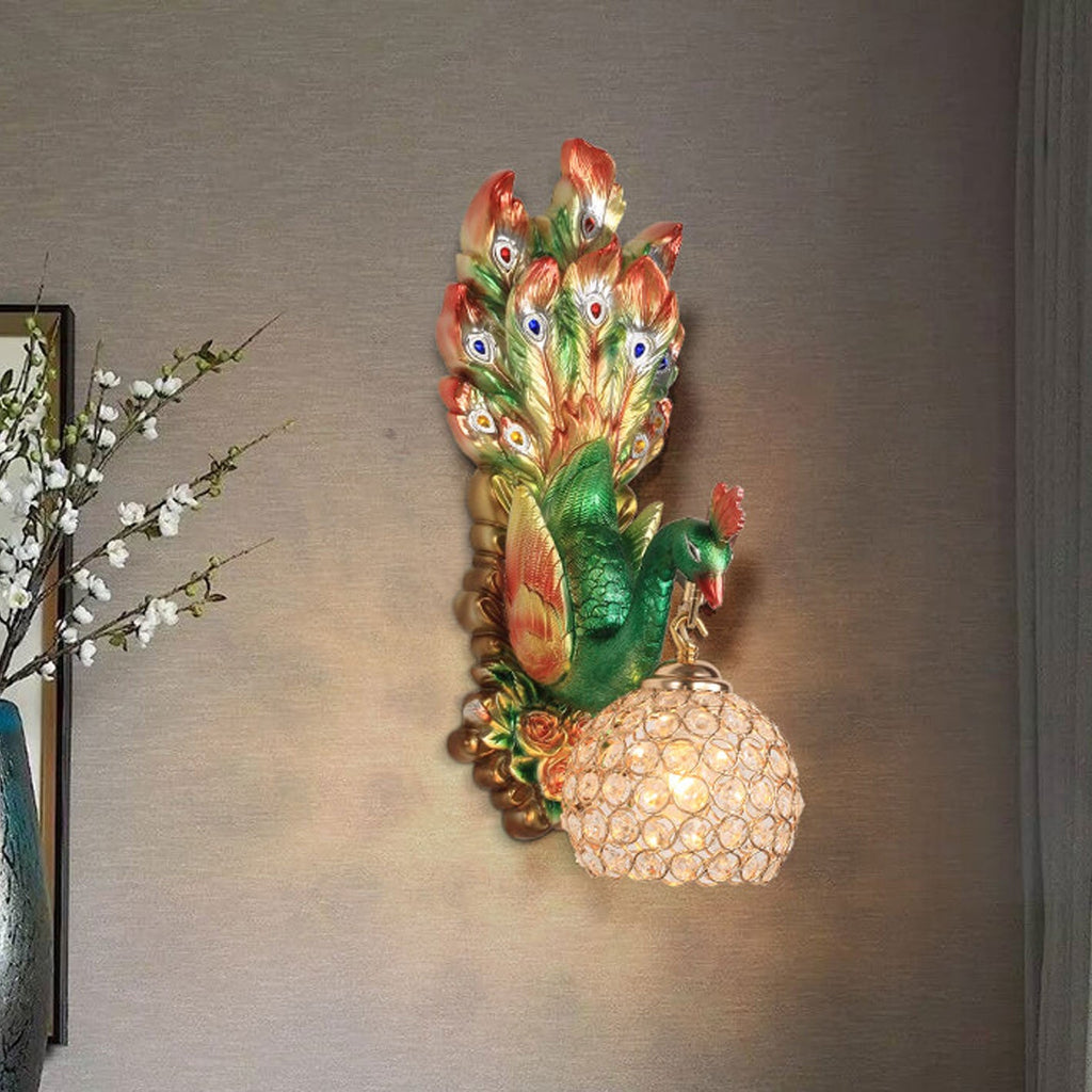 European Creative Peacock Resin Glass Shade 1-Light Wall Sconce Lamp Lumendat
