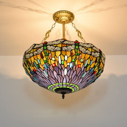 Vintage Tiffany Dragonfly Stained Glass 3-light Chandelier