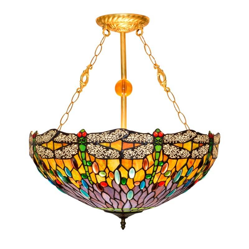 Vintage Tiffany Dragonfly Stained Glass 3-light Chandelier BulbSquare