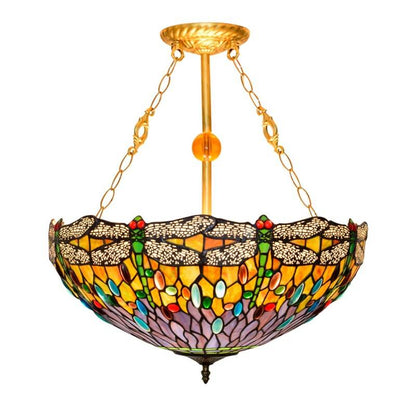 Vintage Tiffany Dragonfly Stained Glass 3-light Chandelier