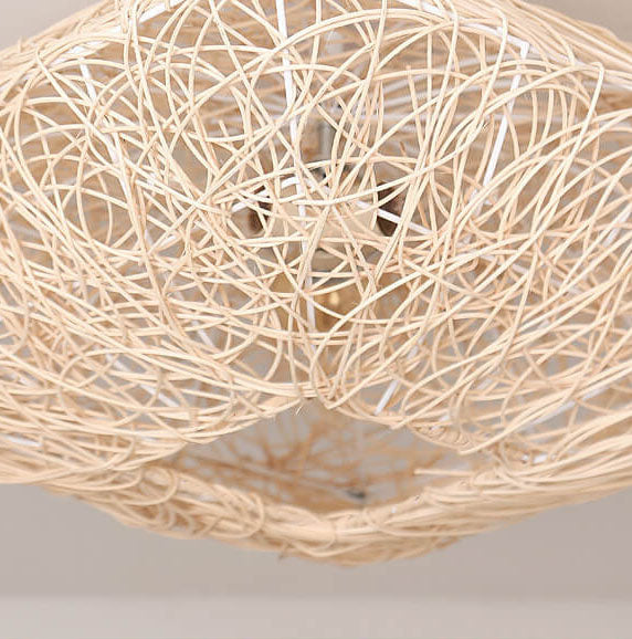 Modern Rattan Weaving Nest Square Shape 3-light Flush Mount Ceiling Light