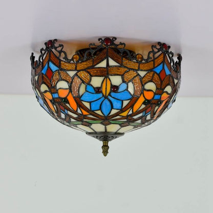 Vintage Tiffany Stained Glass Bowl Shape 2-light Flush Mount Ceiling Light