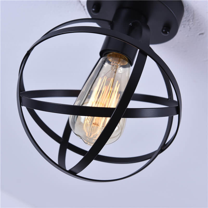 Contemporary Industrial Wrought Iron Spherical Cage 1-light Semi-flush Mount Ceiling Light for Living Room