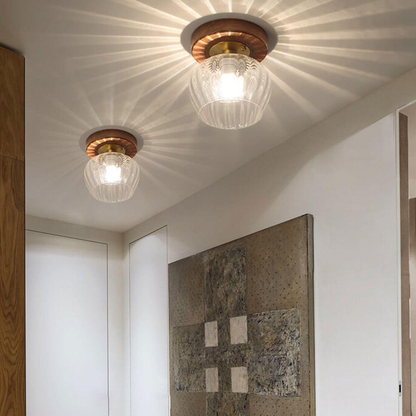 Modern Dome Glass Wooden Base 1-light Semi-flush Mount Ceiling Light