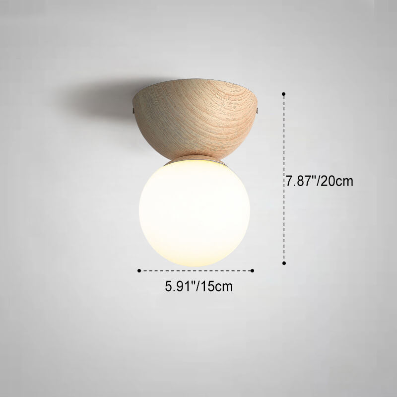 Japanese Minimalist Wood Grain Glass Round 1-Light Flush Mount Ceiling Light Lumendat