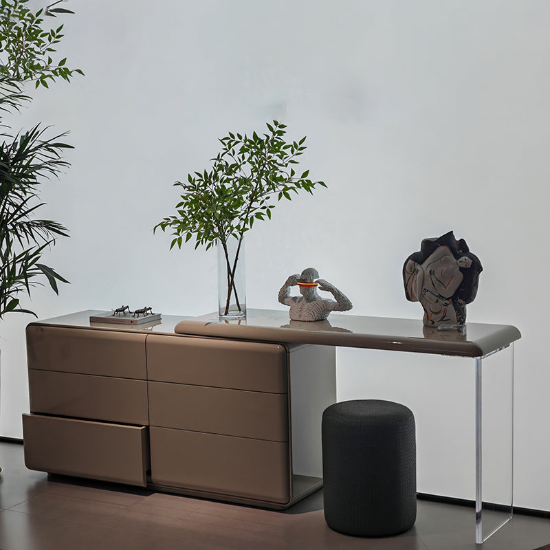 Modern Minimalist Khaki Makeup Vanity With Acrylic Legs & 6-Drawer Storage Cabinet - E1 MDF Makeup Desk For Bedroom Lumendat