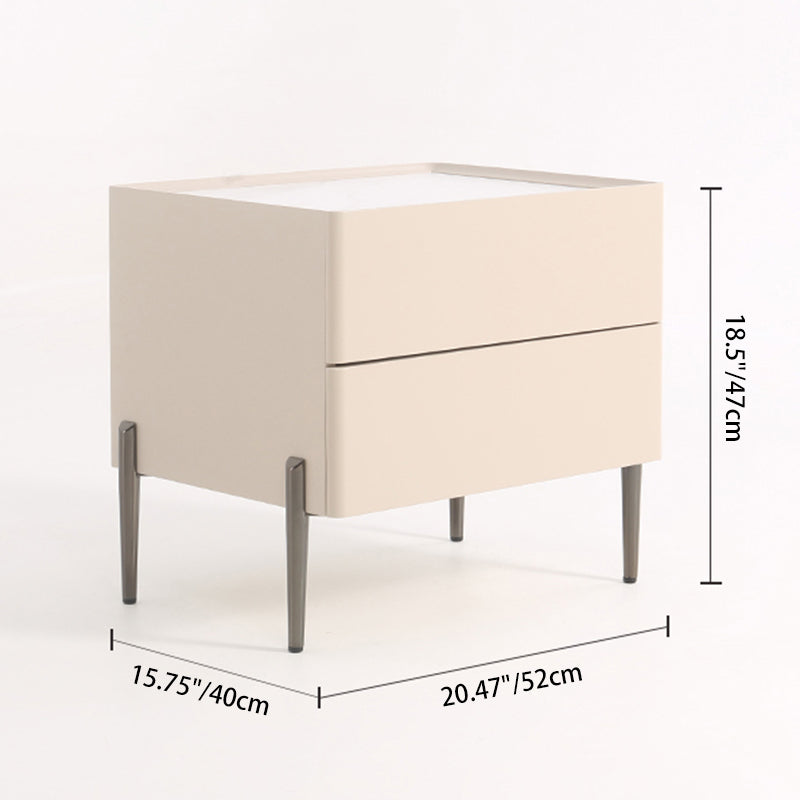 Contemporary Scandinavian Square Cream White 2-Drawer Storage Nightstand - Stone Slab Top Bedside Table For Bedroom Lumendat