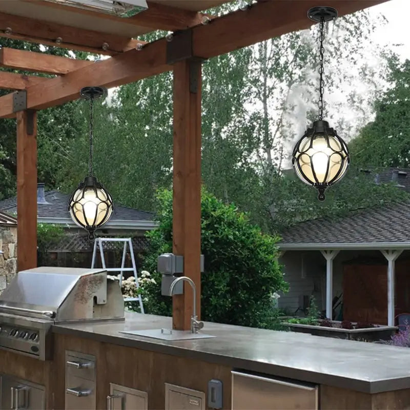 Traditional European Waterproof Aluminum Iron Glass Ball 1-light Pendant Light for Outdoor Patio BulbSquare