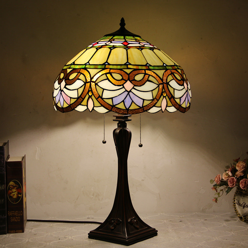 Tiffany Mediterranean Stained Glass Cone Pull Cord 2-Light Table Lamp Lumendat