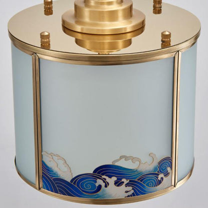 Traditional Chinese Brass Glass Cylinder 1-Light Semi-Flush Mount Ceiling Light For Living Room
