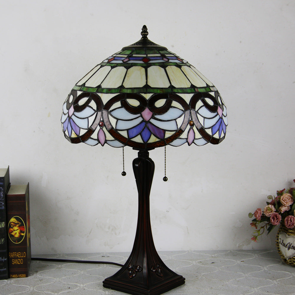 Tiffany Mediterranean Stained Glass Cone Pull Cord 2-Light Table Lamp Lumendat