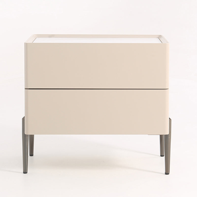 Contemporary Scandinavian Square Cream White 2-Drawer Storage Nightstand - Stone Slab Top Bedside Table For Bedroom Lumendat