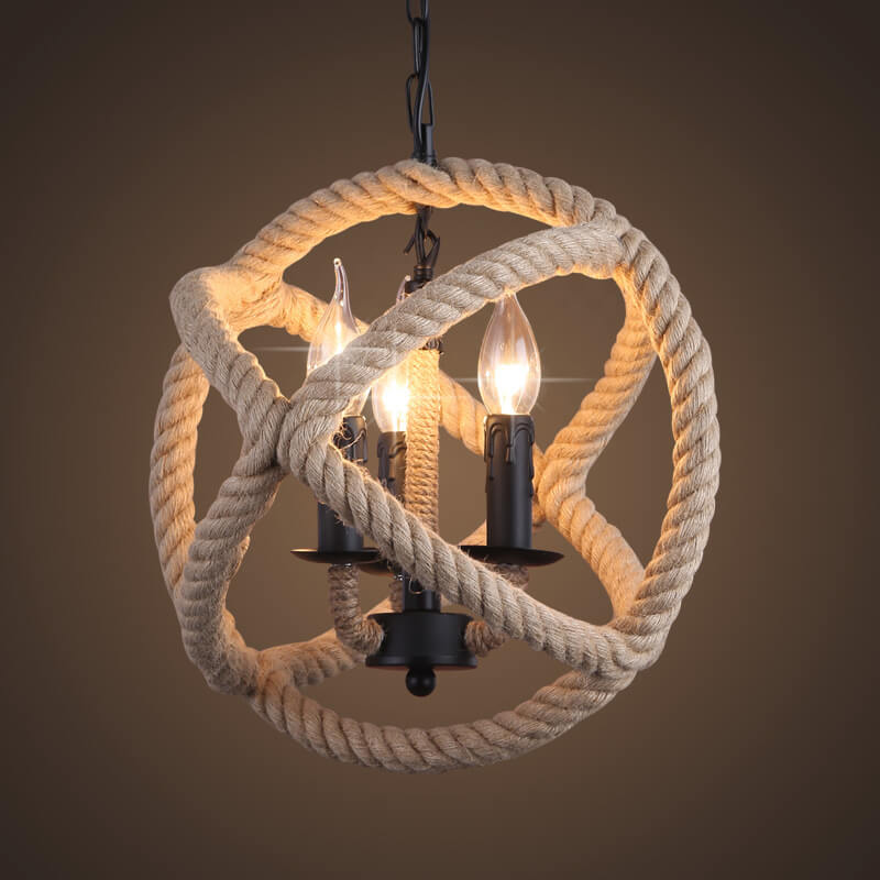 Industrial Hemp Rope Ball 3-light Candles Chandeliers BulbSquare