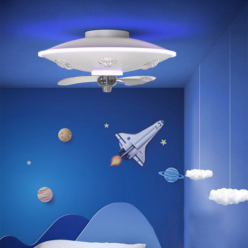 Lumendat Modern Creative Cartoon UFO flying Saucer Round Iron Acrylic LED Kids Flush Mount Ceiling Fan Light Lumendat