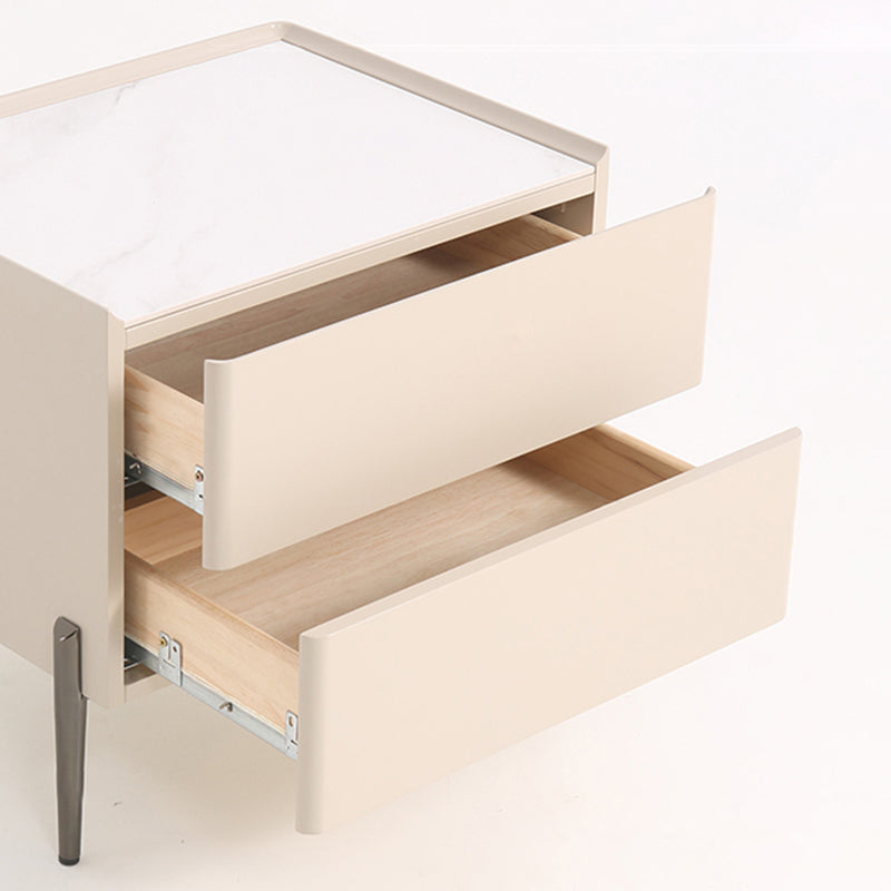 Contemporary Scandinavian Square Cream White 2-Drawer Storage Nightstand - Stone Slab Top Bedside Table For Bedroom Lumendat