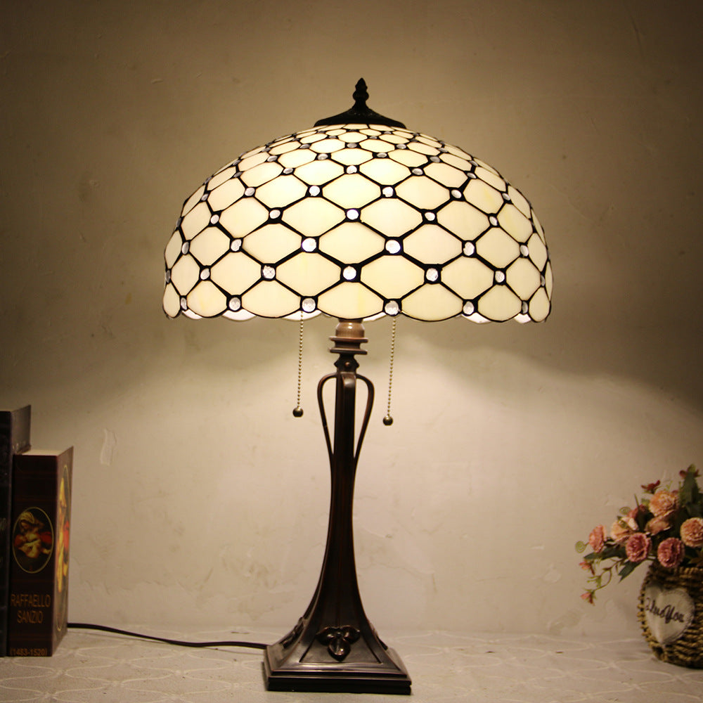 Tiffany Mediterranean Stained Glass Cone Pull Cord 2-Light Table Lamp Lumendat