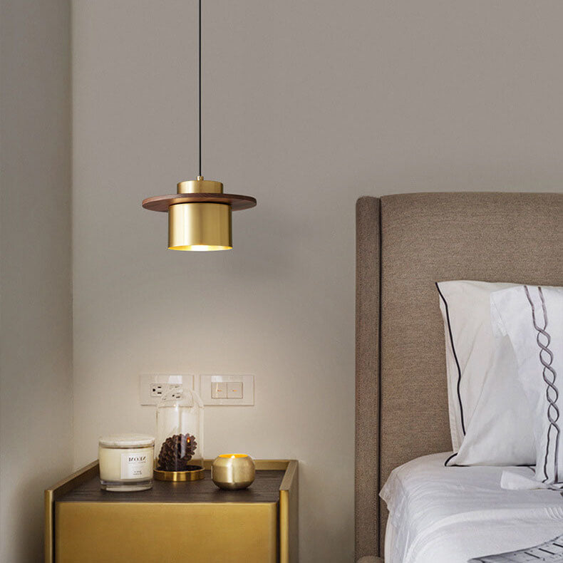 Nordic Luxury Walnut Brass Column 1-light Pendant Light