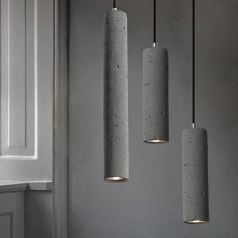 Contemporary Industrial Cylindrical Rough Texture Cement 1-light Pendant Light for Living Room Lumendat