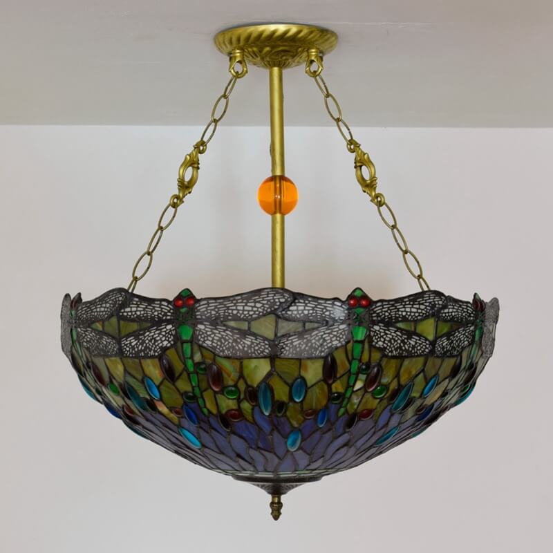 Vintage Tiffany Dragonfly Stained Glass 3-light Chandelier BulbSquare