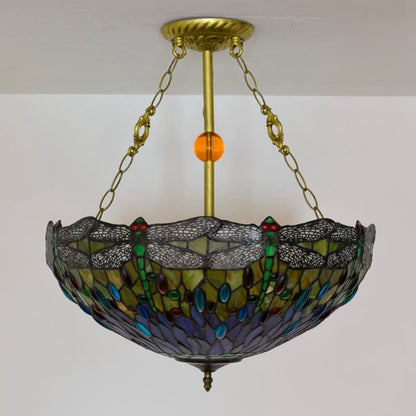 Vintage Tiffany Dragonfly Stained Glass 3-light Chandelier