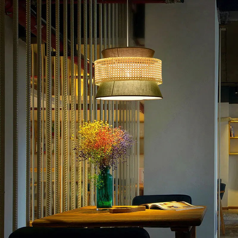 Modern Rattan Japanese Drum Shape 1-light Pendant Light BulbSquare