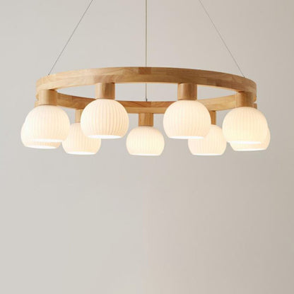 Modern Japanese Log Ring Textured Glass Globe 3/6/9 Light Chandelier