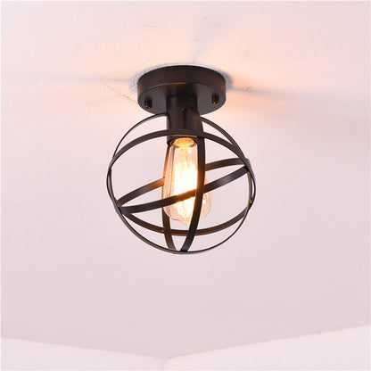 Contemporary Industrial Wrought Iron Spherical Cage 1-light Semi-flush Mount Ceiling Light for Living Room