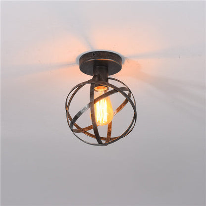 Contemporary Industrial Wrought Iron Spherical Cage 1-light Semi-flush Mount Ceiling Light for Living Room