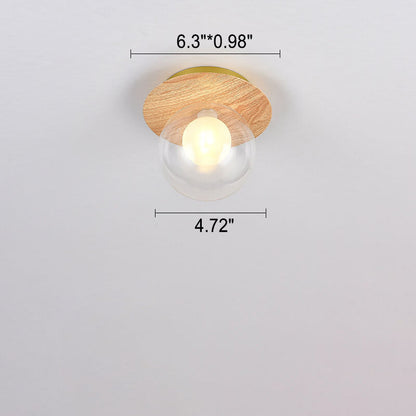 Japanese Minimalist Glass Iron Woodgrain 1-light Semi-flush Mount Ceiling Light