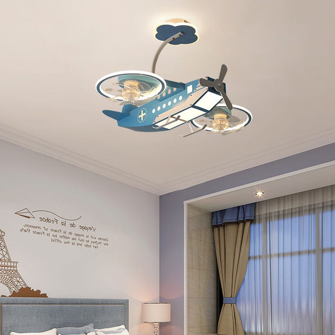 Lumendat Creative Cartoon Aircraft Kids Flush Mount Ceiling Fan Light Lumendat